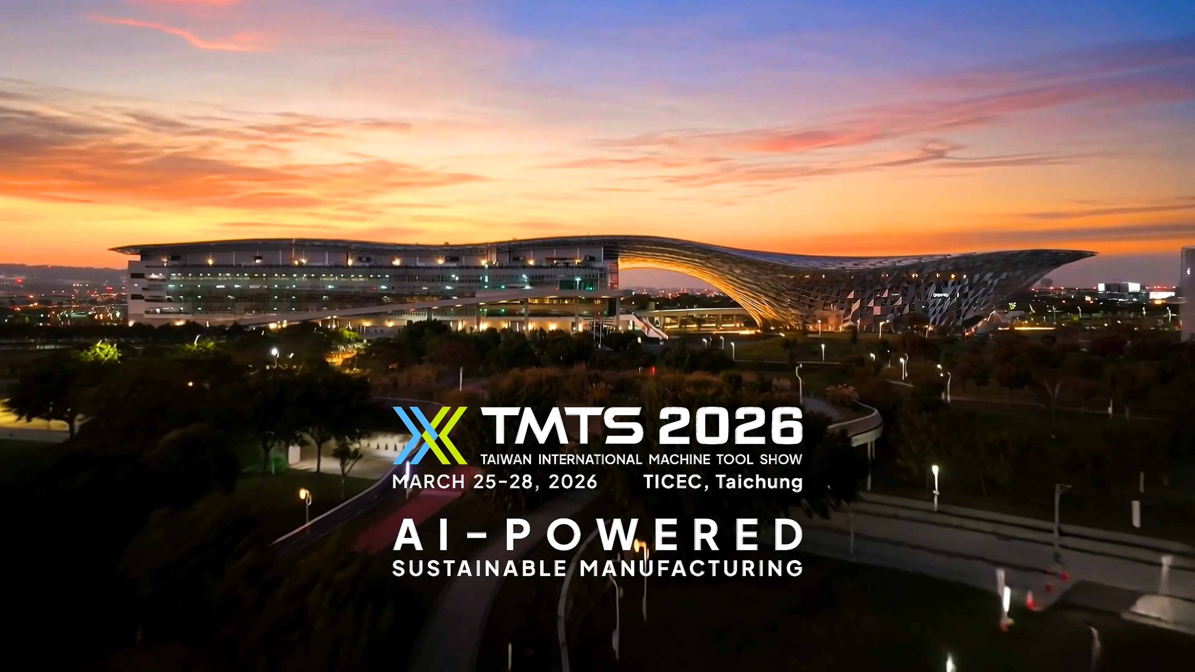 TMTS 2026台灣國際工具機展宣傳主視覺，台中國際展覽中心夕陽航拍場景，AI賦能智慧製造展覽活動企業形象 - Studio24 貳肆影像影片製作公司推薦